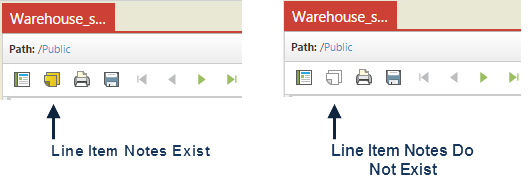 Screenshot showing PageMart toolbar icon representation with and without the presence of line item notes